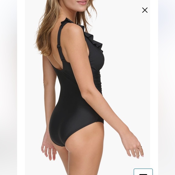 DKNY Black Ruffle Plunge One-Piece Swimsuit NWT - Picture 3 of 11